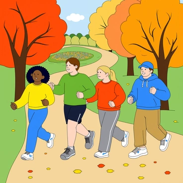 A group of four friends jogging together through a vibrant autumn park. One friend, a woman with curly black hair, wears a bright yellow sweatshirt and blue leggings. Next to her, a man with short brown hair is dressed in a green t-shirt and black shorts. The third friend, a woman with straight blonde hair tied in a ponytail, sports a red long-sleeve shirt and grey joggers. The last friend, a man with a baseball cap, wears a blue hoodie and khaki pants. The park is filled with trees displaying orange, red, and yellow leaves, and a scattering of fallen leaves covers the ground. Sunlight filters through the branches, casting playful shadows. In the background, a pathway winds through the park, leading to a small pond surrounded by colorful flowers.