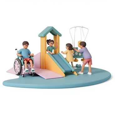A group of four children is playing on an inclusive playground designed for various abilities. One child in a blue t-shirt and red shorts is using a wheelchair, accessing a ramp leading up to a colorful play structure. A girl with pigtails, wearing a green dress, is sliding down a slide while another child in a yellow shirt is swinging on a swing set. A boy in a purple t-shirt is playing with a tactile panel equipped with different textures and sounds. The playground features bright colors, soft flooring, and various equipment that encourages interaction and play among all children.