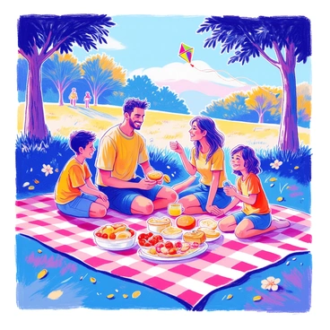 Neymar is seated on a checkered picnic blanket in a sunny park. He is surrounded by family members, all smiling and laughing together. An assortment of food items is spread out on the blanket, including sandwiches, fruits, and snacks. Neymar is holding a sandwich in one hand while playfully tossing a small ball to a young child beside him. In the background, trees provide shade, and a clear blue sky can be seen. A colorful kite flies high in the air.