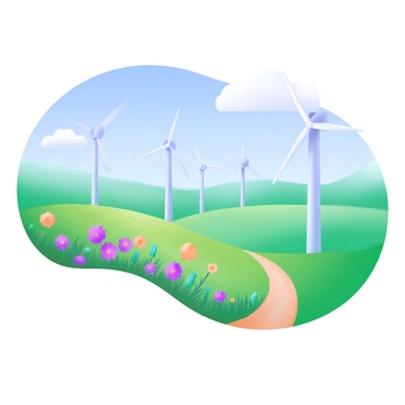 A modern pastel illustration depicting a vast field filled with "wind turbines" spinning gracefully. The landscape features rolling green hills under a clear blue sky with a few fluffy white clouds scattered throughout. The turbines are arranged in a neat row, with their blades catching the sunlight. In the foreground, there are patches of colorful wildflowers swaying gently in the breeze, adding vibrancy to the serene setting. A winding dirt path leads through the field, inviting exploration and providing depth to the scene.