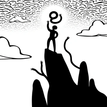 A figure of Medusa stands poised on a tall cliff, surrounded by rugged rock formations. Her snakes twist and intertwine above her head, forming a dynamic silhouette against the backdrop of a setting sun. The sky is filled with intricate patterns of clouds, creating a textured horizon. The light casts elongated shadows of the cliff's edge, emphasizing the stark contrast between the dark figure and the glowing sky. The snakes appear in various dynamic poses, each contributing to the overall imposing presence of Medusa.