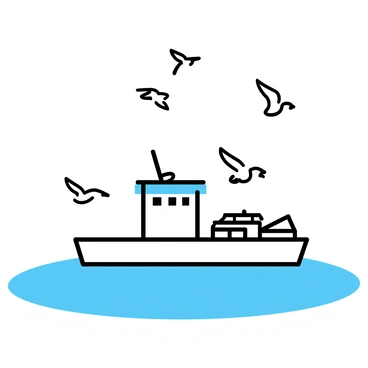 A fishing barge is floating on calm water, featuring a white hull and blue trim. The barge has fishing nets and equipment visible on its deck. Above the barge, a flock of seagulls is circling, their white plumage contrasting against the blue sky. The birds have spread wings and are positioned at different heights, creating a sense of movement and anticipation in the scene.