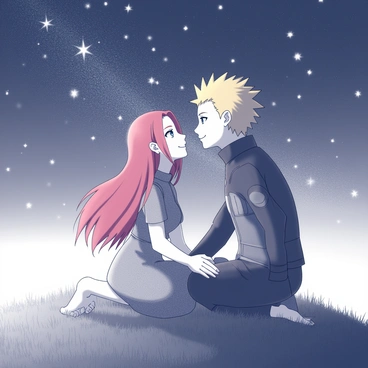Kushina Uzumaki and Minato Namikaze are sitting closely together on a grassy hillside. They are gazing up at a clear night sky filled with numerous stars. Kushina has long red hair, and she is wearing a flowing dress. Minato has spiky blonde hair and is dressed in a simple outfit. The two of them are smiling softly at each other, their eyes reflecting the starlight. The atmosphere around them is peaceful, and their hands are gently intertwined, showcasing their connection.