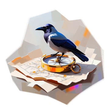 A raven with glossy black feathers is standing atop an open vintage compass. The compass is intricately designed, with a brass casing and an ornate needle pointing towards true north. Beneath the compass lies a weathered map that features faded lines and symbols, indicating ancient trade routes and landmarks. Surrounding the map are subtle hints of age, such as frayed edges and a muted color palette, suggesting a long history of exploration and adventure. The scene conveys a sense of mystery and discovery, with the raven observing its surroundings intently.