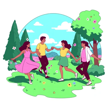A vibrant scene of a joyful celebration in nature. Several individuals are dancing on a lush green grassy area, surrounded by tall trees and blooming flowers. The people are wearing colorful outfits, and their expressions reflect happiness and excitement. In the background, there are bright blue skies and sunlight filtering through the leaves, creating a cheerful atmosphere. Some people are holding hands in a circle, while others are twirling and laughing, capturing the essence of enjoyment in the beauty of the outdoors.