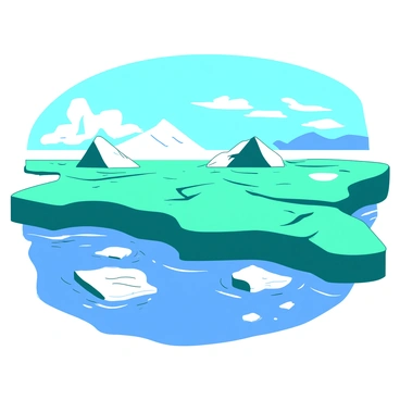A teal polar ice sheet stretches across the image, with visible cracks running through its surface. Large chunks of ice, colored in white, are breaking away and floating in the surrounding icy waters. The scene captures multiple icebergs of varying sizes drifting in the water, some partially submerged, while the sky above is a bright, clear blue. The sunlight glistens off the ice, creating a bright reflective surface.
