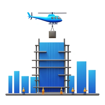 A helicopter hovering above a high-rise construction site. The helicopter is in mid-air, with its rotors in motion, and is carrying a large load of construction materials suspended from a cable underneath. The high-rise building is partially constructed, showcasing steel beams and scaffolding around it. Workers in safety helmets are visible on the construction site, looking up at the helicopter as it approaches. The sky is clear, and the cityscape is in the background, with other buildings visible.