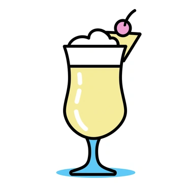 A clear glass filled with a creamy coconut colada, reflecting the light. The drink is garnished with a vibrant yellow pineapple wedge resting on the rim of the glass. A bright red cherry sits on top of the foam, adding a splash of color. The glass is placed on a smooth, light-colored surface, enhancing the tropical theme.