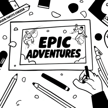 A rectangular comic book cover is being designed on a table, showcasing various comic book elements. In the center, there is a bold title with the words "Epic Adventures" prominently displayed in a dynamic font. Surrounding the title are illustrations of superheroes in dynamic poses, each engaging in action. Several Faber-Castell colored pencils are scattered around the edges of the cover, with some lying flat and others held upright in a pencil holder. The background features a creative workspace cluttered with sketches, erasers, and notebooks, while a hand is seen drawing with a Faber-Castell pencil, adding intricate details to the cover art.