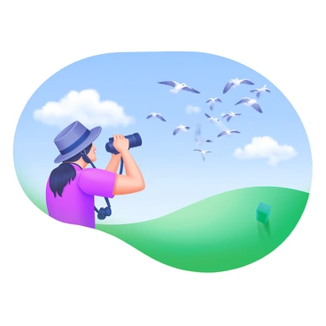 A birdwatcher is standing on a grassy hill, holding a camera aimed at a flock of birds flying across the blue sky. The birdwatcher is wearing binoculars around their neck and a wide-brimmed hat. The flock of birds consists of various species, soaring together in a V formation. Fluffy white clouds are scattered in the sky, and the sunlight casts soft shadows on the ground. The scene is vibrant with the green of the grass and the colors of the birds.