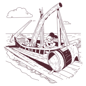 A group of children is playing hide-and-seek aboard a large wooden pirate ship. Two children are giggling as they hide behind a thick, weathered wooden mast. Another child peeks out from behind a large, anchored barrel, with a playful smile on their face. The ship's deck is dotted with ropes and nautical decorations, adding to the pirate theme. The sky above is bright, and the ocean can be seen in the background, with gentle waves lapping against the ship's hull.