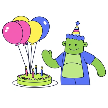 Frankenstein's monster is standing next to a round birthday cake with bright green frosting. The cake has colorful sprinkles on top and is adorned with two lit candles, one red and one blue. Surrounding the cake are several colorful balloons, including red, yellow, and blue, floating above. The monster is wearing a party hat that is striped with colors matching the balloons. It has a big smile, showing enjoyment in the celebration.