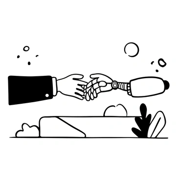 A human hand reaching out to grasp a metallic hand of a robot. The robot's hand is sleek and articulated, made of polished metal with intricate mechanical joints. The background features a minimalistic setting with geometric shapes, emphasizing the connection between human technology and robotics. The moment suggests collaboration and unity, with the hands firmly clasped together. The surrounding environment is devoid of distractions, focusing solely on the handshake as a symbol of partnership.