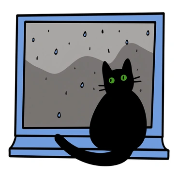 A black cat with bright green eyes sitting on a windowsill, gazing intently at the rain outside. The cat's fur is sleek and shiny, contrasting with the muted colors of the rainy day. In the background, a window frame is visible, with raindrops sliding down the glass, creating a blurred effect. The atmosphere suggests a cozy indoor setting, with the soft light filtering through the clouds outside.