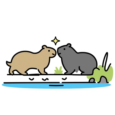 Two capybaras are engaged in playful interaction on a riverbank. One capybara, with light brown fur, is playfully nudging the other, which has slightly darker fur, with its nose. The riverbank is illuminated by bright sunlight, casting soft shadows on the ground. In the background, gentle ripples from the river can be seen, reflecting the sunlight. Lush green grass and a few scattered stones surround the capybaras, creating a natural habitat.