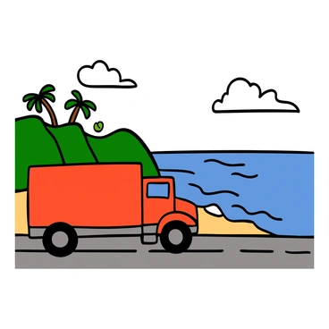 A transport truck with a shiny red exterior driving along a scenic coastal highway. The truck has large, sturdy wheels and a cab that is visible from the side. To the right of the truck, the vast blue ocean sparkles under the sunlight, with gentle waves lapping at the shore. On the left side, there are lush green cliffs and a few scattered palm trees. The sky above is clear with a few fluffy white clouds, adding to the beauty of the coastal landscape.