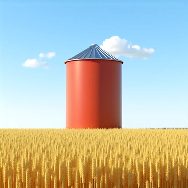 A tall red farming silo with a shiny metal roof and a cylindrical body. The silo is surrounded by expansive golden fields of ripe wheat swaying gently in the breeze. Above, a clear blue sky stretches endlessly, with a few fluffy white clouds drifting by. The scene captures the essence of rural agriculture, with the silo standing prominently amidst the vibrant landscape.