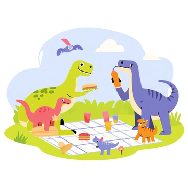 A group of dinosaurs is having a picnic on a green grassy area under a bright blue sky. One dinosaur, a friendly green T-Rex, is sitting on a checkered blanket, happily holding a large sandwich. A purple Stegosaurus is pouring refreshing juice from a bright orange thermos into colorful cups. Nearby, a small orange Triceratops is playfully nibbling on a sandwich while a blue Pterodactyl hovers above, looking down at the festivities. The scene is filled with vibrant flowers and a few fluffy white clouds drifting in the sky.