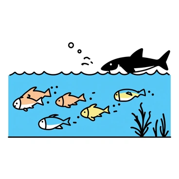 A school of small, colorful fish swimming rapidly away in the ocean. The fish exhibit vibrant hues of blue, orange, and yellow, creating a striking contrast against the deep blue water. In the background, a dark shadow of a predator, resembling a large shark or barracuda, looms menacingly, its sharp teeth visible. The fish appear to be in a tight formation, darting through coral reefs and seaweed as they flee for safety. Bubbles trail behind them, adding to the sense of movement in the scene.