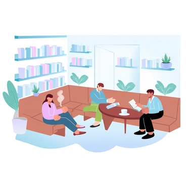 A small, cozy café with warm wooden furniture and soft lighting. Several tables are occupied by people sitting comfortably, each with a steaming cup of coffee in front of them. A few individuals are immersed in reading books, lost in their stories. The café has shelves filled with books lining the walls, creating an inviting atmosphere. Potted plants are placed on the windowsills, adding a touch of greenery. The aroma of freshly brewed coffee fills the air, enhancing the intimate ambiance of the space.