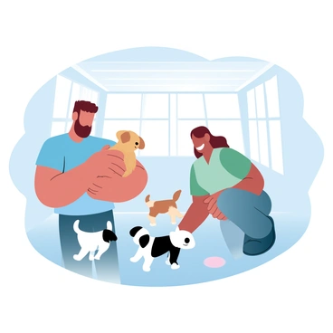 A group of volunteers are gathered inside a bright and open animal shelter. One volunteer, wearing a blue t-shirt, is gently lifting a small, fluffy puppy with golden fur. Another volunteer, dressed in a green shirt, is kneeling on the floor, cradling a tiny, black and white puppy while smiling. There are several puppies of different breeds and colors in the background, wagging their tails and playing with each other. Soft sunlight is streaming through the large windows, illuminating the scene. "Compassion and care" are represented by the warm interactions among the volunteers and the puppies.