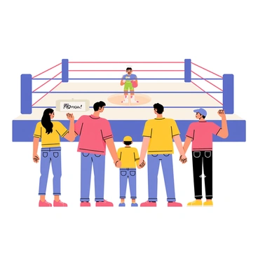 A group of four family members is standing on the sidelines of a boxing ring. They are holding hands, displaying their unity and support. The family consists of a mother with long brown hair, a father with short dark hair, a teenage sister with a ponytail, and a younger brother wearing a cap. Each family member is wearing casual clothes, and they have enthusiastic expressions. The background features a boxing ring with a bright spotlight focused on a fighter in the center. "Go, fight!" can be seen on a sign held by the sister, while the others cheer with raised hands.