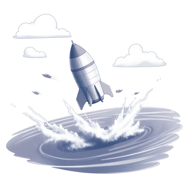 An Apollo capsule is seen descending from the sky, surrounded by splashes of water as it makes contact with the ocean surface. The capsule has its iconic conical shape, with a heat shield exposed and parachutes deployed above it. Waves ripple outward from the point of impact, creating a dynamic scene of movement and water activity. In the distance, a few boats are visible, likely recovery vessels approaching the capsule for retrieval. The sky is expansive, with a few scattered clouds, hinting at the end of a journey back to Earth.