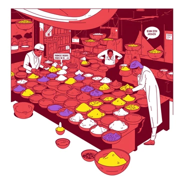 A red spice market is bustling with activity, filled with numerous stalls. Each stall is adorned with various colorful spices and herbs neatly arranged in open containers. The spices range from vibrant yellow turmeric to deep purple dried herbs, creating a striking visual contrast. Shoppers, in diverse attire, are seen examining the spices closely, while vendors enthusiastically promote their products. In the background, woven baskets filled with spices and herbs add to the market's lively atmosphere.