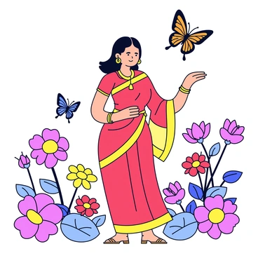 A depiction of "Goddess Lakshmi" standing gracefully in a blooming garden filled with vibrant flowers of various colors. She is adorned with traditional jewelry and wears a flowing red and gold saree. The garden is alive with butterflies fluttering around her, their wings displaying intricate patterns. Surrounding her are clusters of fragrant flowers such as marigolds and lotuses, adding a sense of freshness to the scene. A gentle breeze moves through the garden, slightly rustling the flowers.
