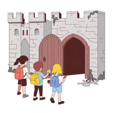 A group of three children, one wearing a yellow backpack, another holding a blue flashlight, and the third with orange binoculars, are standing in front of a large, weathered stone wall of an ancient castle. The castle has tall towers and ivy creeping up its sides. The children are looking at a large wooden door with intricate carvings, partially open to reveal a dark corridor beyond. They are surrounded by faint outlines of hidden passages, arches, and old suits of armor lining the walls. The atmosphere is filled with a sense of adventure as the children prepare to explore the mysteries within the castle.