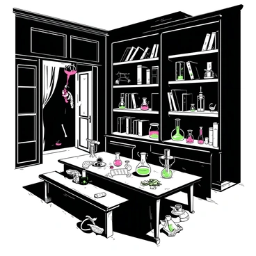 A dimly lit room reveals "Victor Frankenstein's hidden laboratory" concealed behind a large, ornate bookshelf. The bookshelf is filled with various old books and tomes, some dusty and others showing signs of frequent use. A secret door is slightly ajar, leading into the laboratory. Inside, there are "intricate scientific instruments" scattered across a large wooden table, including glass beakers filled with colorful liquids and strange mechanical devices. The walls are lined with shelves containing jars filled with mysterious substances and anatomical specimens. "Flickering candlelight" casts shadows across the room, enhancing the atmosphere of secrecy and exploration.