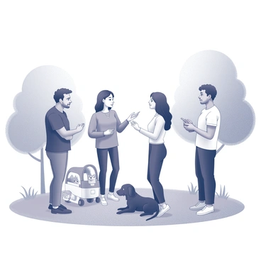 A group of pet owners gathered in a park. They are standing in a circle, engaged in a lively discussion about pet care tips. One person is gesturing with their hands, emphasizing a point. Another person is nodding in agreement, while a third person is taking notes on a small notepad. The pets, including a dog sitting beside its owner and a cat in a pet carrier, appear relaxed and content. Surrounding them are trees and grassy areas that indicate it is a pleasant day for outdoor activities.