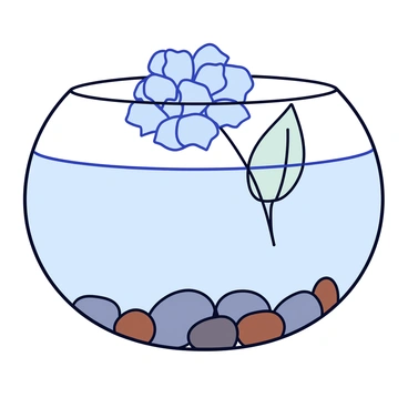 A delicate hydrangea floating in a glass bowl filled with water and surrounded by small stones.