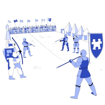 A lively medieval tournament scene with knights competing using crossbows.