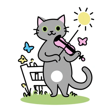 A cheerful cat, with a fluffy gray coat and bright green eyes, is standing on two legs. The cat is holding a small fiddle under its chin, one paw moving the bow across the strings while the other paw supports the instrument. It stands on a grassy patch surrounded by wildflowers, with a quaint wooden fence in the background. A few butterflies flutter around, adding to the lively atmosphere. The sun shines brightly, casting soft shadows on the ground.