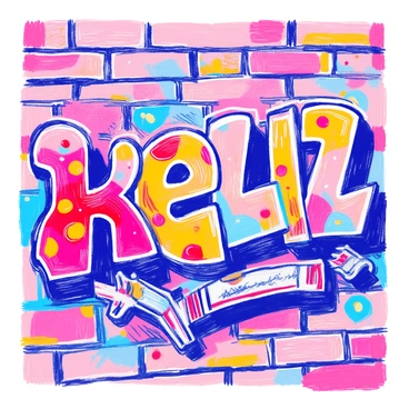 A brick wall serves as the backdrop, featuring large graffiti letters in bold colors such as bright red, electric blue, and vibrant yellow. The letters have a pop-art flair, with thick outlines and playful patterns filling each character. The texture of the brick wall is visible, complementing the dynamic and energetic design of the graffiti.