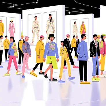 An event space filled with colorful fashion illustrations prominently displayed on the walls. Various models are walking around, wearing intricate outfits depicted in the illustrations. The models showcase sleek dresses and stylish suits in vibrant colors and patterns. Each outfit is unique, featuring floral designs, geometric prints, and bold color contrasts. The atmosphere is lively, with attendees admiring the fashion and discussing the innovative designs. The floor is adorned with a glossy surface, reflecting the energy of the models and their fashionable attire.