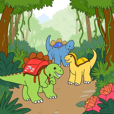 A group of colorful dinosaurs, including a bright green T-Rex, a blue triceratops, and a yellow stegosaurus, are hiking through a lush jungle. Each dinosaur is wearing a different, cartoonish backpack; the T-Rex has a red backpack with a dinosaur face, the triceratops has a blue backpack decorated with stickers, and the stegosaurus has a yellow backpack shaped like a shell. The jungle is filled with tall, vibrant green trees, large colorful flowers, and thick vines hanging down. Sunlight filters through the leaves, creating dappled patterns on the ground as the dinosaurs happily explore their surroundings.