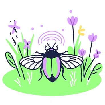 A cicada is positioned center stage on a vibrant meadow. The cicada has detailed textures on its wings and body, showcasing its natural features. Surrounding the cicada, there are various plants with broad leaves and tall grasses, creating a lively atmosphere. In the background, colorful wildflowers bloom, adding to the richness of the meadow. The cicada is in the midst of producing sound, with waves emanating around it, symbolizing its solo performance. The overall composition captures the essence of a natural concert in an outdoor setting.