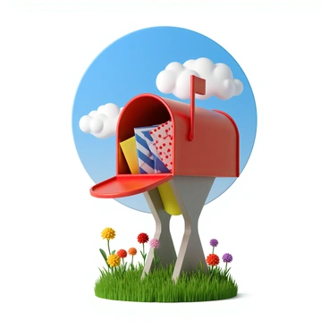 A 3D mailbox made of red metal with a curved top, featuring a silver flag raised high. The mailbox is overflowing with colorful envelopes, some peeking out while others are cascading down the sides onto the ground. The envelopes have various designs, including polka dots and stripes. The backdrop features a vibrant blue sky with fluffy white clouds and a lush green lawn surrounding the mailbox. Brightly colored flowers bloom nearby, adding a cheerful touch to the scene.