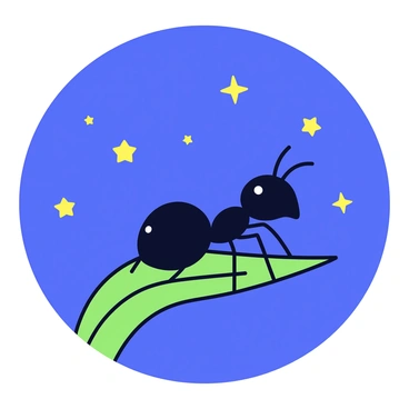 An ant with a shiny black body is sitting on a green grass blade. The ant is looking up with its antennae slightly raised, admiring the night sky. Bright stars are scattered across the deep blue background, twinkling softly. The grass blade is tall and slender, bending slightly as the ant balances on it. The overall scene captures a moment of wonder and tranquility in nature.