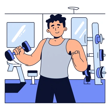 A man with short black hair and a muscular build is in a gym, performing a workout. He is wearing a fitted gray tank top and black shorts. He has a focused expression on his face as he lifts a heavy dumbbell with one arm. Behind him, there are gym equipment such as weights and a bench press. The floor is covered with dark rubber mats, and there are mirrors on the walls reflecting his determined posture.