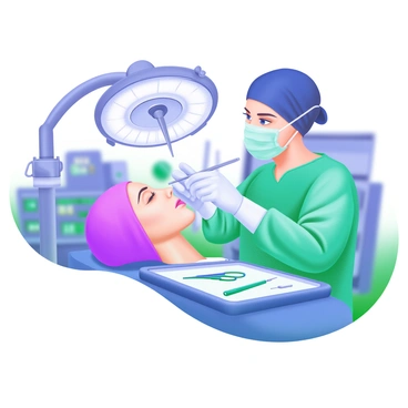 A close-up scene showing a surgeon focused on sculpting a nose during a rhinoplasty operation. The surgeon is wearing a green surgical gown, a mask, and gloves, with bright surgical lights illuminating the area. In the foreground, the surgeon is carefully holding a scalpel, as precision instruments are neatly arranged on a sterile tray nearby. The patient's face is partially visible, draped with a surgical cloth, with delicate facial features highlighted under the lighting. The background includes blurred medical equipment and tools, emphasizing the clinical setting of the operating room.