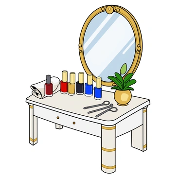 An elegant manicure station with a polished white table adorned with gold accents. The table features a large round mirror with an ornate golden frame. On the table, there are several premium nail polish bottles in rich colors like deep red, royal blue, and shimmering gold, neatly arranged. A plush white towel is placed beside a set of professional nail tools, including scissors, clippers, and a cuticle push. Additionally, there is a small decorative plant in a golden pot, adding a touch of greenery to the luxurious setup. The ambiance conveys a sense of opulence and sophistication, with soft lighting illuminating the products.