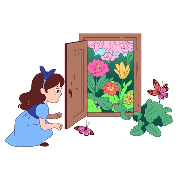 A young girl named Alice with brown hair wearing a blue dress is crouching down, peering through a small wooden door. The door is slightly ajar, revealing a vibrant garden full of various flowers and plants in a multitude of colors. In the garden, there are large, exotic flowers with vivid petals and lush green foliage. A colorful butterfly flutters near the entrance of the garden, its wings catching the light. Alice's eyes are wide with curiosity as she gazes into this magical scene, captivated by the beauty that lies beyond the door.