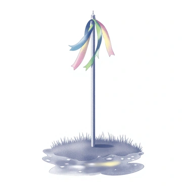 A tall maypole adorned with colorful ribbons. The maypole stands firm amidst a rainfall, with droplets cascading down from the ribbons. Puddles on the ground capture the reflections of the ribbons, creating a visual interplay of shapes and patterns. The surrounding landscape features wet grass and a gloomy sky, enhancing the atmosphere of a rainy day.