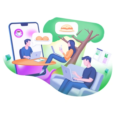 A modern pastel illustration showing a mobile sales team working remotely. There are multiple individuals positioned in different environments: one person is seated at a cozy café table with a laptop, another is leaning against a tree in a park while using a phone, and a third is sitting on a couch at home with a laptop and a notepad. Each individual is engaged in conversation, with speech bubbles indicating communication. The backgrounds reflect their respective locations, with the café showcasing coffee cups and pastries, the park featuring greenery and sunlight, and the home environment displaying a cozy interior with plants and decor.