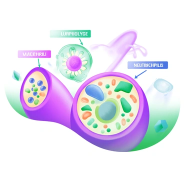 A close-up illustration showing various types of cells in the human immune system. The image features a collection of distinct cells, including "lymphocytes," "macrophages," and "neutrophils." Each cell type is depicted with accurate anatomical details and vibrant colors. The background is filled with soft, abstract patterns that enhance the focus on the cells. Labels identify each cell type in clear, legible text.