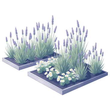 A section of a potager garden filled with rows of fragrant flowers. Clusters of "lavender" plants display their spikes of tiny purple blooms, arranged in neat rows. Interspersed among them are patches of "chamomile" with their delicate white flowers and yellow centers, creating a soft, inviting texture. The scene captures the plants thriving in well-organized beds, with dark soil peeking through the green foliage. In the background, there may be low wooden borders separating the floral section from the vegetable areas, enhancing the structured layout of the garden.