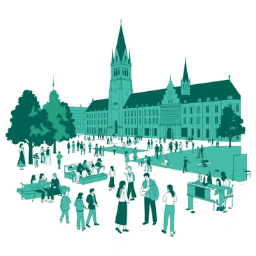 A teal square filled with numerous people walking, chatting, and enjoying the vibrant atmosphere of the Hamburg Rathaus square. In the background, the majestic historic architecture of the Rathaus building towers over the scene, showcasing its intricate details and grand facade. Some people are sitting on benches, while others are standing in small groups, engaging in conversation. A few street performers can be seen entertaining the crowd, adding to the lively ambiance. Scattered trees and flower beds add a touch of greenery to the square, contrasting with the architectural features.